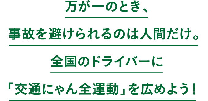 万が一のとき、事故を避けられるのは人間だけ。全国のドライバーに「交通にゃん全運動」を広めよう!